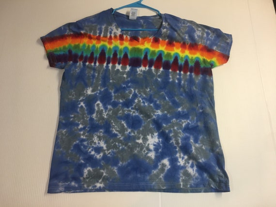 Ladies One of a Kind Rainbow  and Blue Tie Dyed V Neck Tee