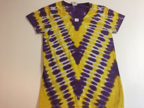 Ladies Purple and Gold Tie Dyed V Neck Tee