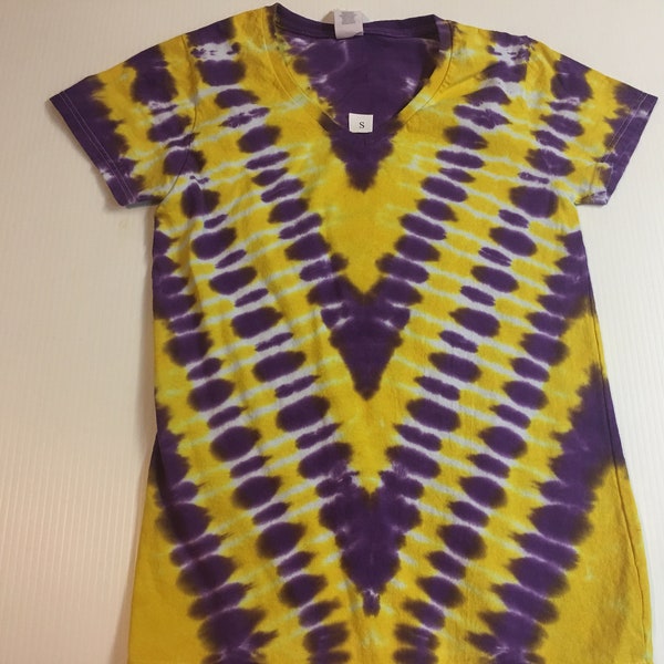 Ladies Purple and Gold Tie Dyed V Neck Tee