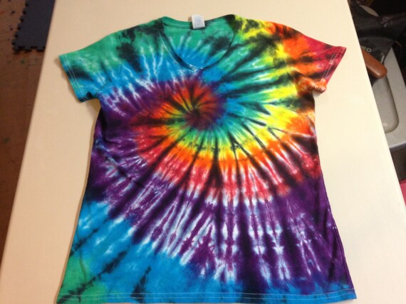 Ladies V-neck "Stained Glass" Rainbow Spiral Tie Dyed Tee Multiple sizes