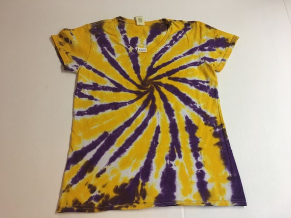 Ladies Purple and Gold Starburst Spiral Tie Dyed V Neck Tee