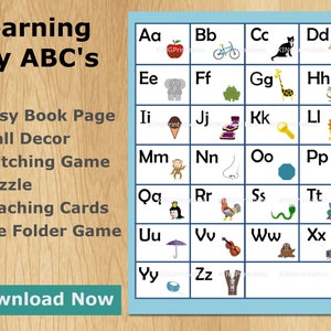 May include: A blue and white alphabet chart with illustrations for each letter. The chart includes the letters A through Z and features images such as an apple, bicycle, cat, duck, elephant, frog, giraffe, helicopter, ice cream cone, boots, key, lion, monkey, nose, octagon, popsicle, queen, rooster, snake, train, umbrella, violin, beaver, xylophone, yo-yo, and zipper. The chart also includes the text "Learning my ABC's" and "Download Now".