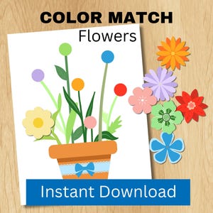 Flowers Color Matching Activity, Printable Preschool Activity, Spring Flower Craft, Colorful Busy Binder Pages, Toddler Learning Colors