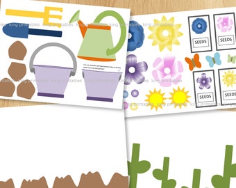May include: Printable craft activity for kids to learn about growing flowers. The set includes a watering can, a bucket, a trowel, dirt, seeds, flowers, and butterflies. The text "Growing Flowers" is at the top of the page.