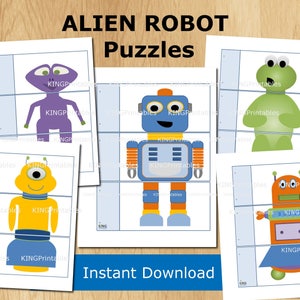 May include: A collection of printable puzzles featuring alien and robot characters. Each puzzle is divided into sections, with colorful illustrations of various alien and robot designs. The text "ALIEN ROBOT Puzzles" and "Instant Download" are displayed.