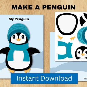 May include: Printable penguin craft activity for kids.  Cut out the pieces and assemble a penguin wearing a blue hat and scarf.  The printable says "Make a Penguin" and "My Penguin".