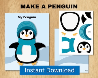 May include: Printable penguin craft activity for kids.  Cut out the pieces and assemble a penguin wearing a blue hat and scarf.  The printable says "Make a Penguin" and "My Penguin".