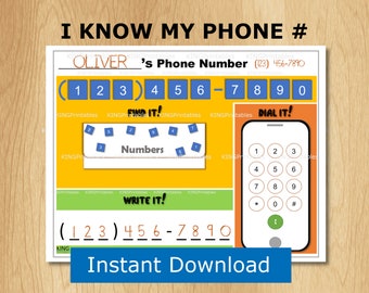 May include: A printable worksheet for kids to learn phone numbers. The worksheet features a phone with a dial pad, a section to find the numbers, and a section to write the phone number. The phone number is (123) 456-7890. The worksheet is yellow with blue and green accents.