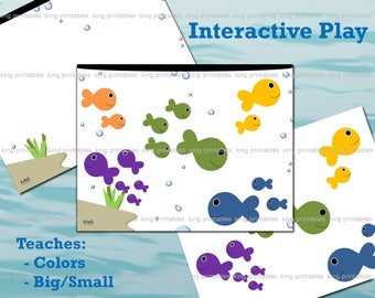 May include: Interactive play printable with colorful fish. The printable teaches colors and size comparison with the text "Interactive Play" and "Teaches: - Colors - Big/Small".
