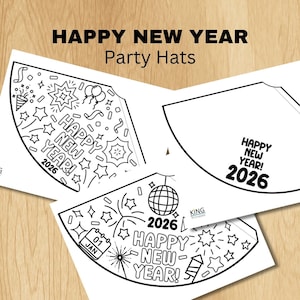 印刷可能なハッピーニューイヤーハット、2026年の子供向けアクティビティ、新年の塗り絵、ダウンロード可能なパーティーハット、子供向け塗り絵アクティビティ、新年のギフト