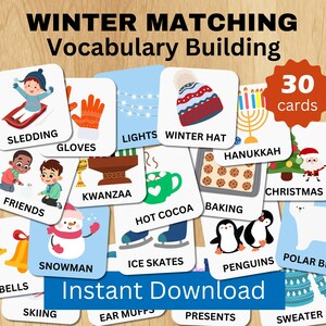 Afdrukbare winterkaarten, matchingspel voor kleuters, decemberactiviteiten kinderen, woordenschatkaarten voorschoolse, thuisonderwijs downloaden