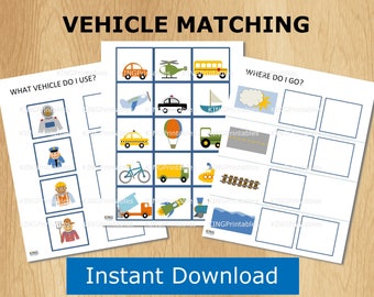 Transportation Matching Game, Vehicle Activity, Toddler Busy Book (Printable)