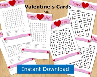 May include: Valentine's Day cards for kids, featuring word searches and mazes. Each card has a pink banner with a red heart and the words "Happy Day." The cards include the text "Instant Download."