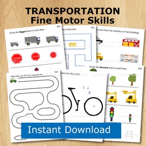 Puede incluir: Un conjunto de hojas de trabajo imprimibles para niños con actividades de motricidad fina con temática de transporte. Las hojas de trabajo incluyen actividades como conectar los puntos, trazar líneas y rodear el elemento más grande o más pequeño de cada fila. Las hojas de trabajo están diseñadas para ayudar a los niños a desarrollar su motricidad fina, la coordinación ojo-mano y las habilidades para resolver problemas.