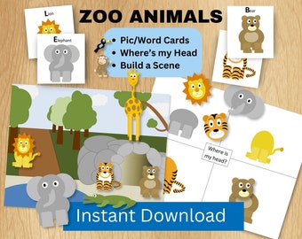 May include: A printable set of zoo animal themed educational games for kids. The set includes picture and word cards, a "Where's my Head?" game, and a "Build a Scene" activity. The games feature colorful illustrations of animals like lions, elephants, tigers, bears, and giraffes.