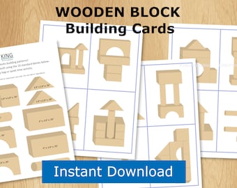 Tarjetas de construcción con bloques de madera, rompecabezas STEM para niños pequeños (patrón PDF)