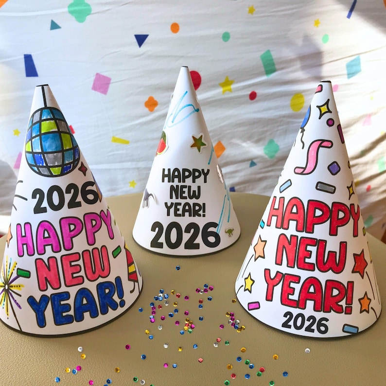 Printable Happy New Year Hat, 2026 Kids Activities, New Years Coloring Page, Downloadable Party Hats, Kids Color Activity, New Years Gift image 3