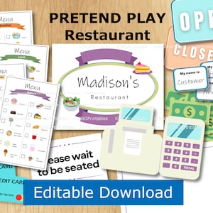 Kit imprimible personalizable de juego dramático de restaurante, menú de cocina para juegos de simulación, actividades preescolares, descarga de educación en el hogar