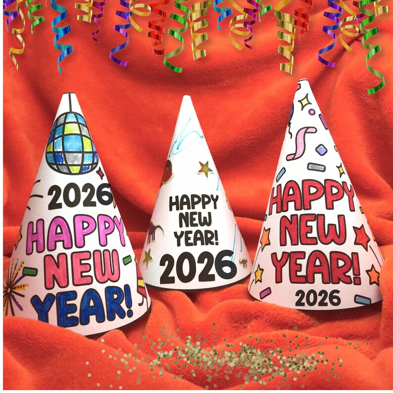 Printable Happy New Year Hat, 2026 Kids Activities, New Years Coloring Page, Downloadable Party Hats, Kids Color Activity, New Years Gift image 4