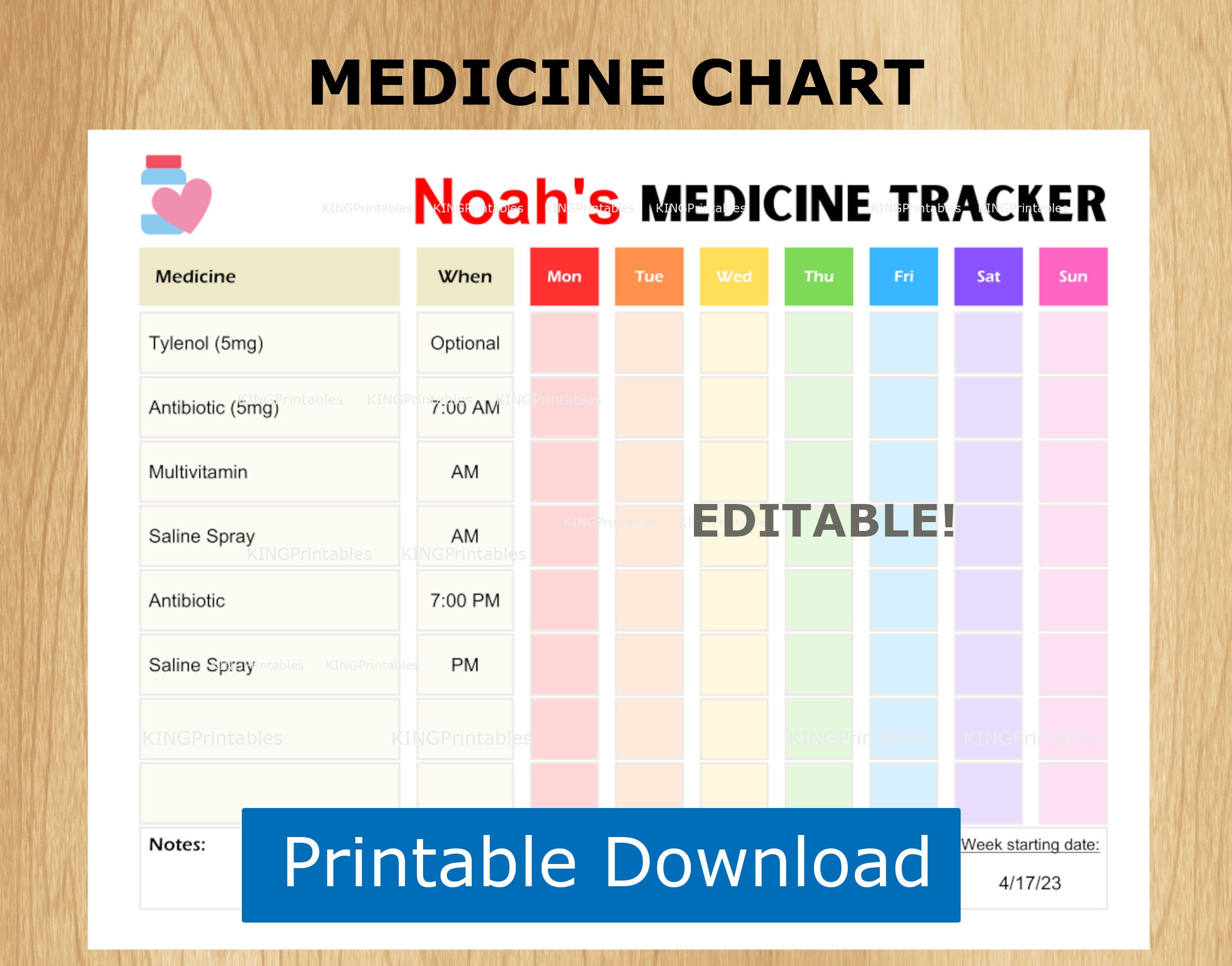 Kids Medicine Chart, Editable Medication Log, Printable Caregiver