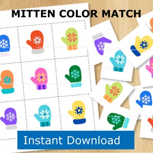 Abbinamento colori guanto, Carte abbinate per bambini, Attività di silenzio invernale, Corrispondenza di modelli, Attività stampabile per bambini, Bambino in età prescolare di febbraio
