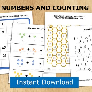 May include: A set of printable worksheets for kids to practice counting and number recognition. The worksheets feature a bee, numbers, and a honeycomb pattern.