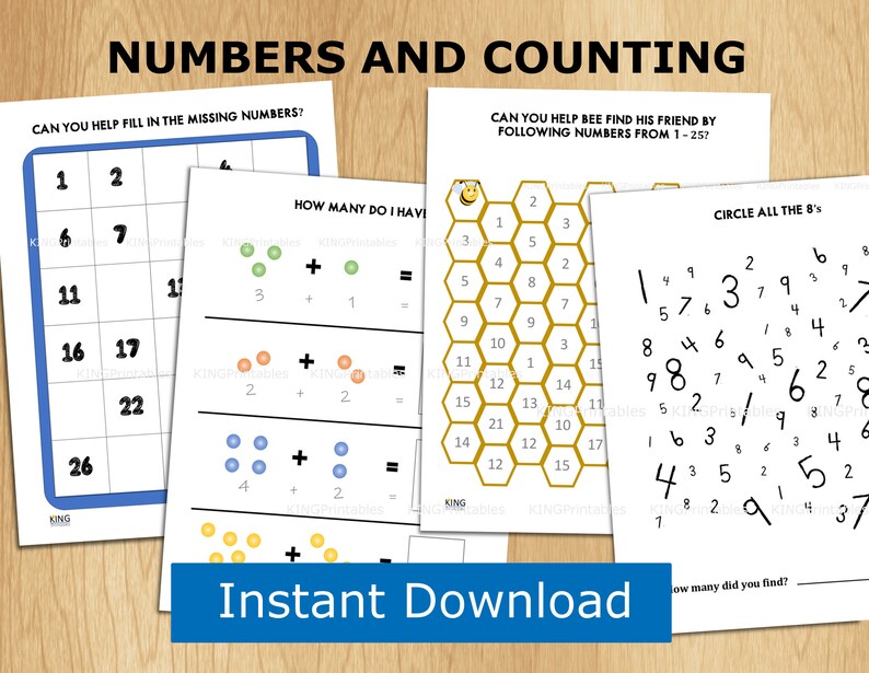 May include: A set of printable worksheets for kids to practice counting and number recognition. The worksheets feature a bee, numbers, and a honeycomb pattern.