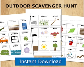 outdoor scavenger hunt, kids printables, toddler games, nature theme, matching games, spring, summer activity
