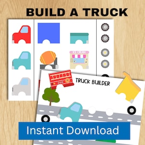 Op de afbeelding: Printbare vrachtwagenbouwactiviteit voor kinderen. De printbare bevat een vrachtwagencabine, wielen, een laadbak en andere items om een vrachtwagen te bouwen. De tekst "BUILD A TRUCK" en "TRUCK BUILDER" is opgenomen op de printbare.
