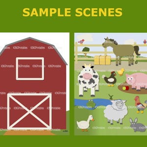 May include: A red barn with a white door and windows, a cow, a pig, a rooster, a sheep, a duck, a frog, a horse, and a chicken. The scene is set in a farm with a fence, a river, and green grass.