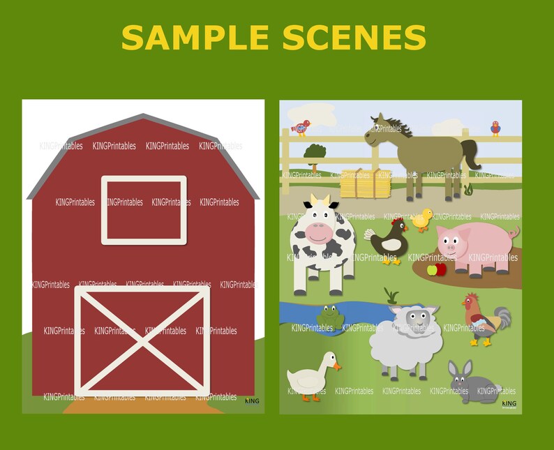 May include: A red barn with a white door and windows, a cow, a pig, a rooster, a sheep, a duck, a frog, a horse, and a chicken. The scene is set in a farm with a fence, a river, and green grass.