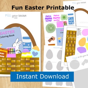 May include: Printable Easter basket activity set with a coloring book, play dough, crayons, bubbles, and a bunny. The set includes a basket template, egg shapes, and other Easter-themed items.
