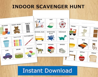 Indoor Scavenger Hunt Cards, Kids Printable Matching Game (Digital Download)