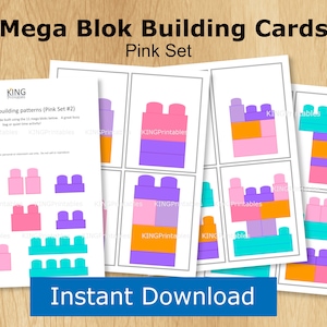 May include: Printable building cards for Mega Bloks, featuring 12 different patterns in pink, purple, orange, and turquoise. The cards are labelled "Mega Bloks building patterns (Pink Set #2)".