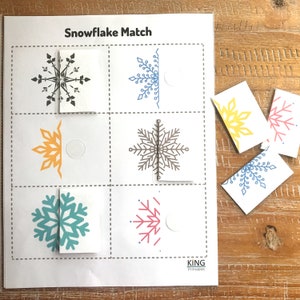 Afdrukbare sneeuwvlokmatching, winterdrukke binderpagina, peuterpatroonmatching, sneeuwdagactiviteit, homeschool januari, kleuterschool
