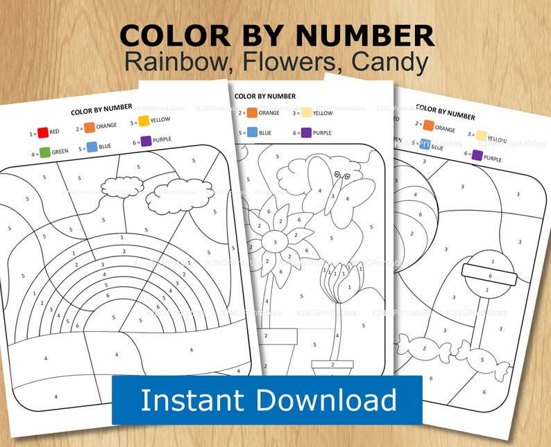 May include: Color by number activity sheets featuring a rainbow, flowers, and candy. The sheets are black and white and include a color key with numbers and corresponding colors.