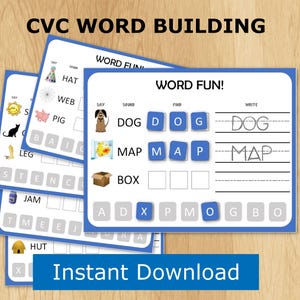 Kindergarten CVC Wort Gebäude, druckbare Vorschule, Phonics Ordner Spiel, CVC Aktivitäten, Handschrift Arbeitsblätter, Homeschool Download