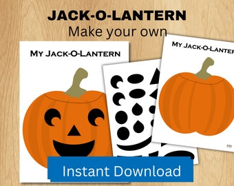 May include: Printable Jack-O-Lantern craft activity for kids.  Includes a pumpkin template, face cutouts, and the text "My Jack-O-Lantern" and "Instant Download".