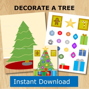 May include: Printable Christmas tree decoration activity.  Decorate a tree with ornaments, candy canes, gifts, and a gingerbread man.  The printable includes a blank tree and a sheet of decorations to cut out.