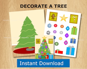 May include: Printable Christmas tree decoration activity.  Decorate a tree with ornaments, candy canes, gifts, and a gingerbread man.  The printable includes a blank tree and a sheet of decorations to cut out.