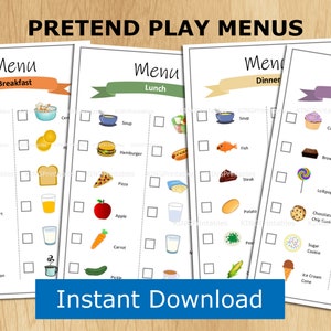 Druckbare Pretend Play Restaurantmenüs, Aktivitäten für Vorschulkinder, Dramatic Play Center Kit für Klassenzimmer, Imagination Printables