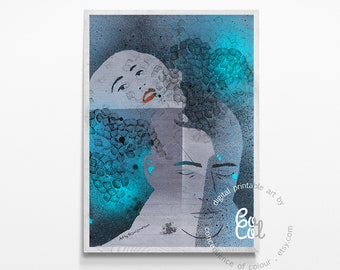 Printable wall art depicting a man dreaming of a woman