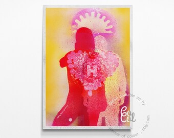 Vibrant mixed media art depicting passionate emotion ideal for: wall art, gift for lovers, engagement, wedding