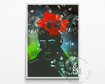 Printable wall art of a mixed media art piece depicting releasing of mental tension and unnecessary thought patterns