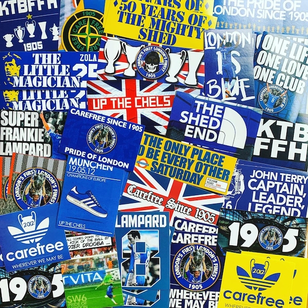 100 x Chelsea Stickers - Based on Poster Pin Badge Flag Scarf Shirt Banner Programme Munich 2012 CFC Ultras Decorations Gift Stamford Bridge