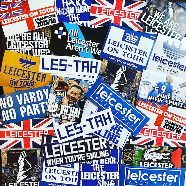 100 x Leicester City Stickers LCFC Foxes Based on Ultras Poster Badge Flag Vardy Scarf Shirt Programme 2016 Champions Party Decorations