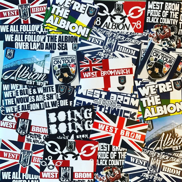 100 x West Bromwich Albion Stickers - Based on Poster Shirt Scarf Pin Badge Programme Banner Eastend WBA Baggies Hawthornes Smethwick