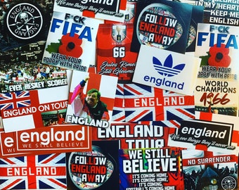 100 x England Stickers - Based on Poster Shirt Scarf Pin Badge Programme Wembley 3 Lions Euro 2020 Flag 1966 Ultras Awaydays