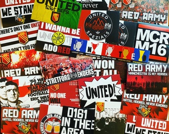 100 x naklejki Man United - na podstawie programu Plakat plakietki Szalik Ultras T-shirty Manchester MUFC Stone Roses Utd Adidas Flaga Old Trafford