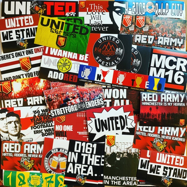 100 x Man United Stickers - Based on Programme Badge Poster Scarf Ultras T-shirts Manchester MUFC Stone Roses Utd Adidas Flag Old Trafford